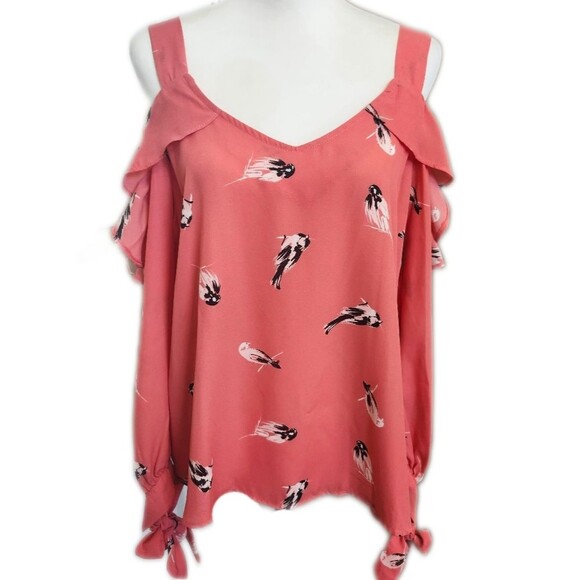 Lily White cold shoulder coral pink top with white/black bird pattern - Small - Picture 1 of 6